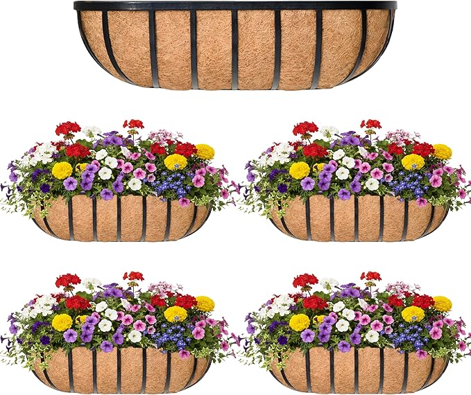 36“ Window Box Railing Planter with Coco Liner Metal Wall-Mounted Coconut Liner Planters Basket English Horse Trough Planter for Outdoor Deck Balcony Porch Fence Patio Black (4 Pack) KIDYBELL