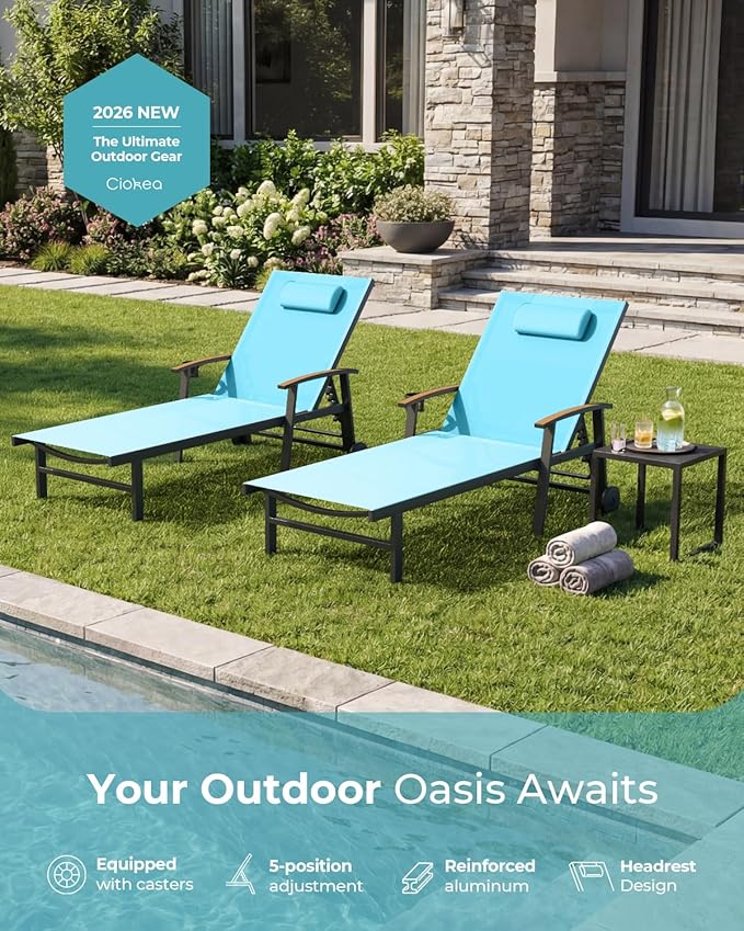 Ciokea Outdoor Lounge Chair with Pillow Set of 2, 5-Position Aluminum Chaise Lounge with Wheels & Armrests, 400 lbs Heavy Duty Patio Pool Chair for Backyard, Deck, Beach & Poolside, Lake Blue CIOKEA