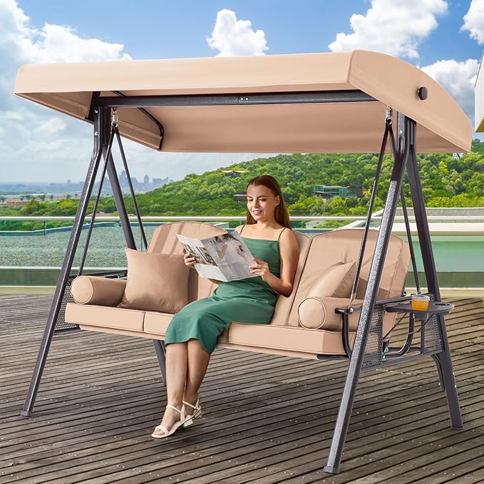 3 in 1 Outdoor Porch Swing with Adjustable Canopy, 3 Seat Outdoor Swing for Adults, Patio Swing Chair with Thickened Cushions,Pillows & Cup Holders for Backyard, Porch, Garden(Khaki) YALISSEY