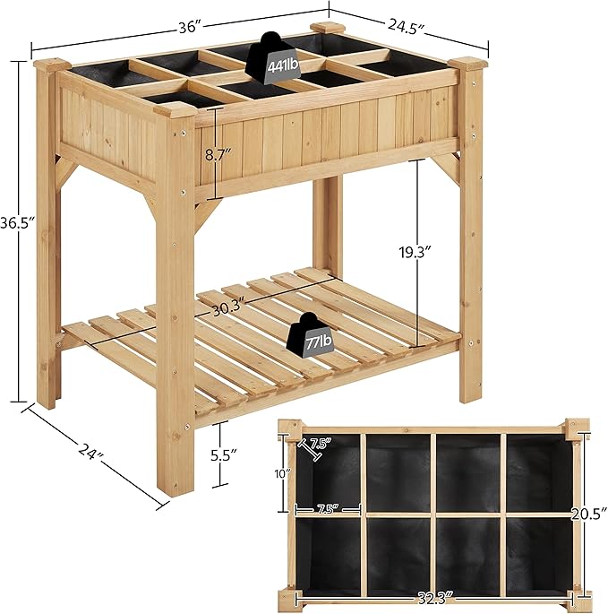 Yaheetech 36'' Hx25'' Wx37'' L Raised Garden Bed 8 Pocket Herbs Garden Planter Outdoor Horticulture Vegetables Standing Planters Boxes with Grow Grid Yaheetech