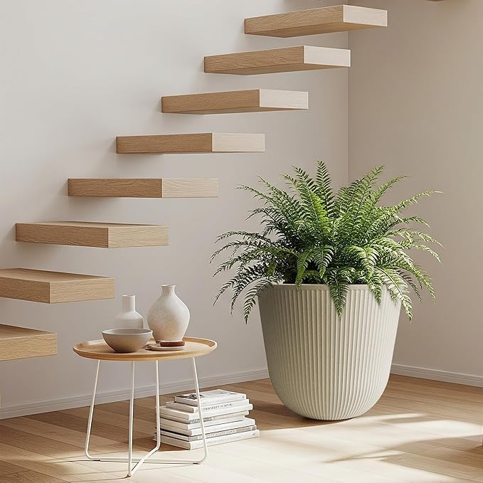 WORTH Garden Round Large Planter Pot Set of 2-17.5" Dia x 15.5" H - Durable Plastic Beige Plant Tree Pots with Vertical Stripe Textured Finish, Drainage Hole for Indoor, Outdoor, Front Porch, Patio WORTH