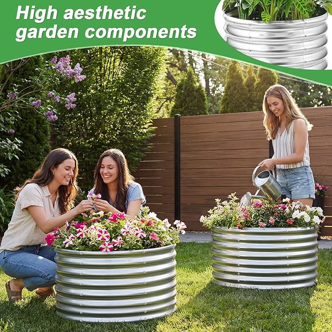 AHEONLAR 2 Pack 2x2x1.5ft Round Galvanized Raised Garden Bed Outdoor Metal Planter Box for Vegetables Steel Raised Beds for Gardening Silver AHEONLAR
