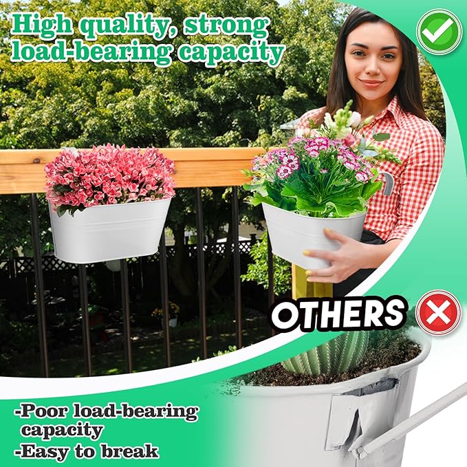 MADHOLLY Railing Planter with Drainage Holes - Sturdy Bucket Pots for Railing Fence, Countryside Style Metal Flower Pots for Herbs Balcony Garden Yard Decor, 4Pcs, White MADHOLLY