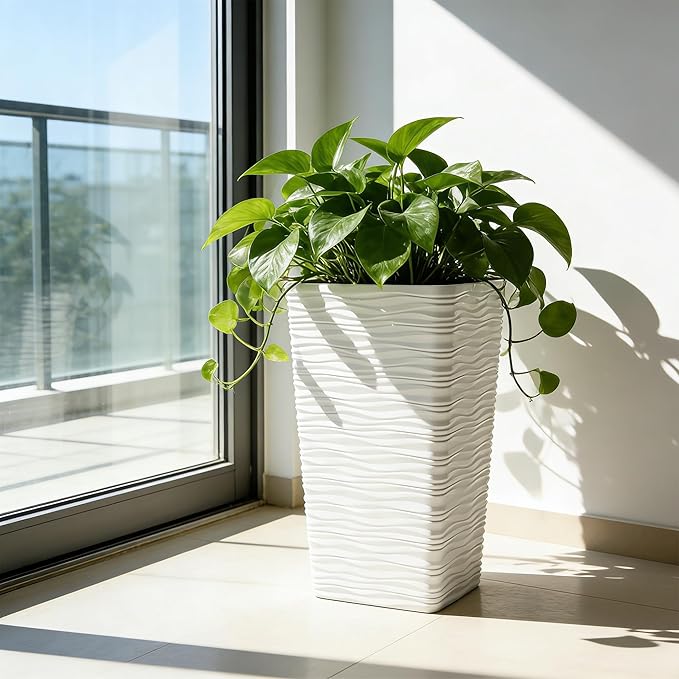 Worth Garden 22" Tall Planters Set of 2 - Plastic White Square Plant Pots with Drainage Hole - Modern Large Tapered Matte Wavy Tree Flower Pot for Indoor Outdoor Porch Deck WORTH