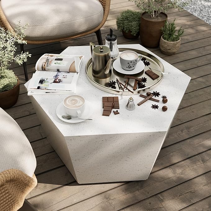 UPHA Outdoor Hexagon Coffee Table, Small Modern Minimalist Accent Tables, Low Light Concrete Center Table for Living Room, Outside Patio, Deck, 28×24.2×15.4, Off-White UPHA