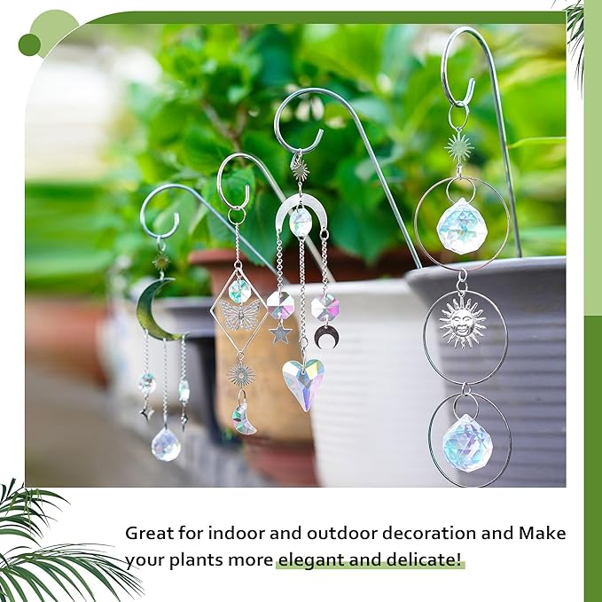 HDCRYSTALGIFTS 4 Pack Crystal Sun Catchers with 13.5'' Small Trellis for Potted Plants Indoor Plant Stake Suncatcher Decoration for Home Window Garden, Sliver HDCRYSTALGIFTS