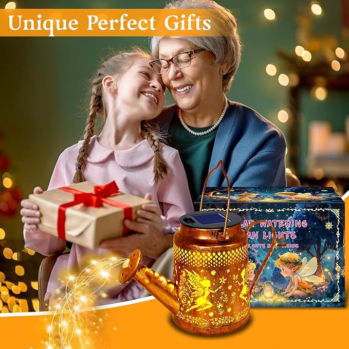Solar Lanterns Outdoor Waterproof,Metal Watering Can Garden Decor,Fairy Hanging Solar Path Lights Yard Art,Outside Patio Decorations Gardening Christmas Gifts for Mom Grandma Women（with Shepherd Hook） YJFWAL