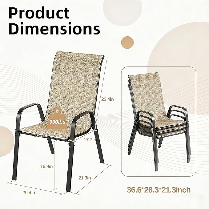 MAMIZO Patio Dining Chairs, Stackable All Weather Teslin Chair, Heavy Duty Outdoor Breathable Chairs Set, w/Armrests, Upgraded Chair FeetW/Strenthened Iron Spacers, 330 LBS (6, Brown) MAMIZO