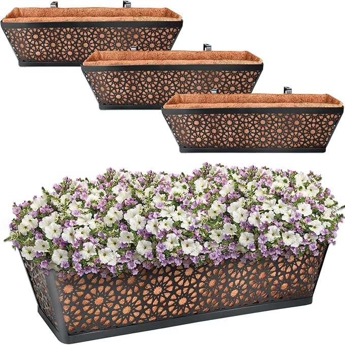 Halatool 24 Inch Window Box with Coco Liner, 4 Pack Sturdy Metal Flower Railing Planter with Coco Coir Basket Liners for Window Deck Fence Porch Balcony and Patio Outdoor Indoor Lawn HALATOOL