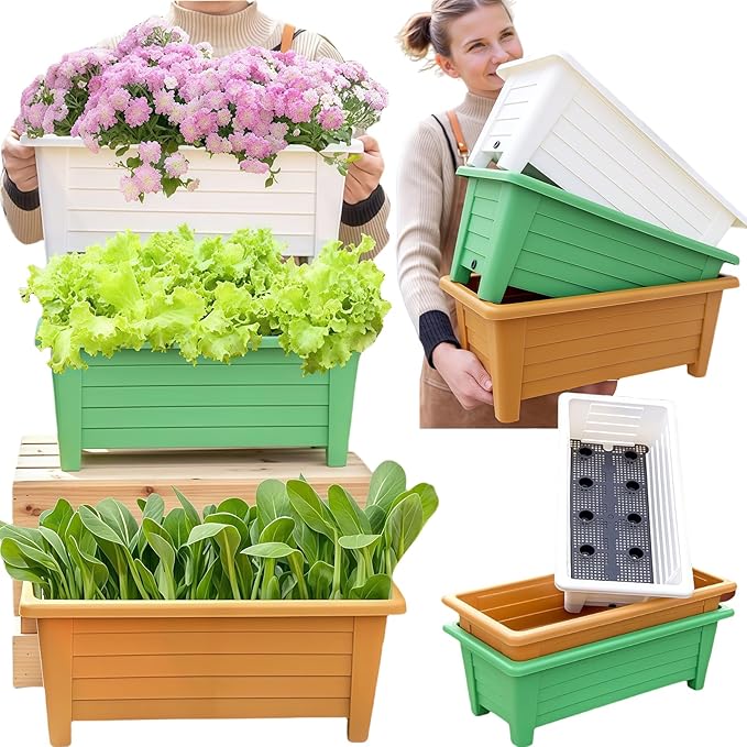 FAMZ Self Watering Planters Pots for Indoor Plants, 3 Pack 18.9 Inch Plastic Window Boxes Planters Herb Planter, Rectangle Rectangular Planter Windowsill Planters with Drainage and Saucer (White) FAMZ