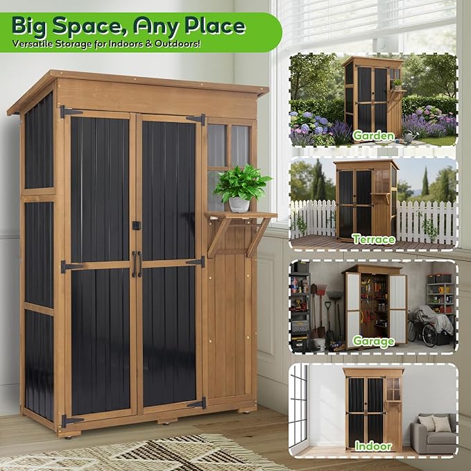 51" L Outdoor Storage Cabinet Waterproof with Shelves, Outside Storage Shed Backyard Tall Cabinet with Fold-Out Table for Patio, Garage, Garden, Pool Accessories Storage PETSCOSSET