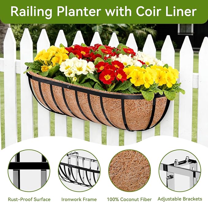 Halatool 2 Pack Heavy-Duty Metal Deck Railing Planter Box, 24 Inch Rust-Resistant Window Boxes Planters with Coco Liner & Adjustable Brackets, Grow More On Your Balcony, Patio & Fence HALATOOL