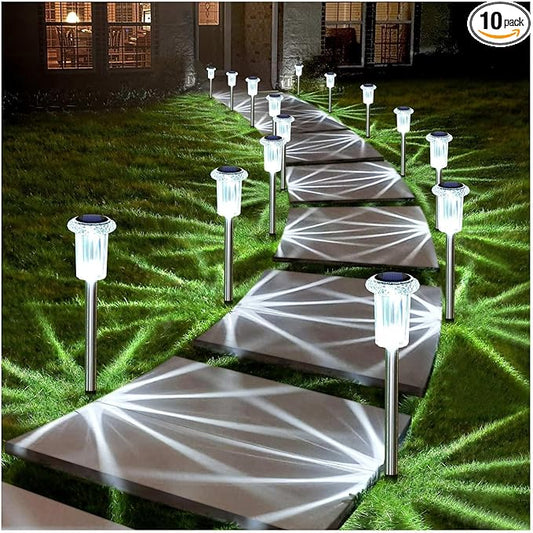 DenicMic Solar Lights Outdoor 10 Pack Waterproof 6000K Cold White LED Stainless Steel Stake Outside Lights for Yard Pathway Garden Driveway Walkway Landscape Path Lighting Denicmic