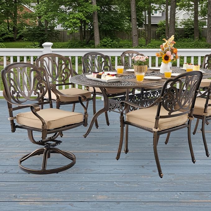 9-Piece Cast Aluminum Patio Furniture, Outdoor Dining Sets for 8 Include 87" Oval Patio Dining Table, 6 Stackable Chairs & 2 Swivel Chairs with Cushions & Umbrella Hole(Bronze) Rootora
