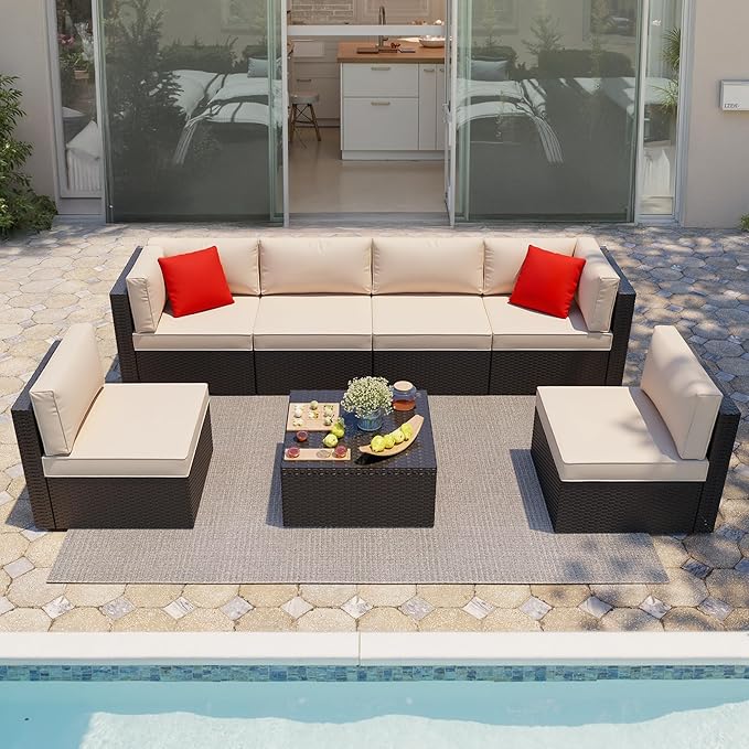 Shintenchi 7 Pieces Patio Furniture Sets Outdoor All-Weather Sectional Patio Sofa Set PE Rattan Manual Weaving Wicker Patio Conversation Set with Glass Table&Ottoman Cushion and Red Pillows, Beige Shintenchi