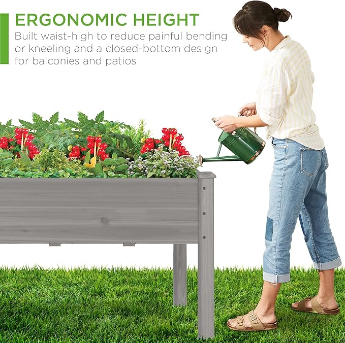 Best Choice Products 34x18x30in Raised Garden Bed, Elevated Wood Planter Box Stand for Kids, Backyard, Patio, Balcony w/Bed Liner, 150lb Capacity - Gray BestChoiceProducts
