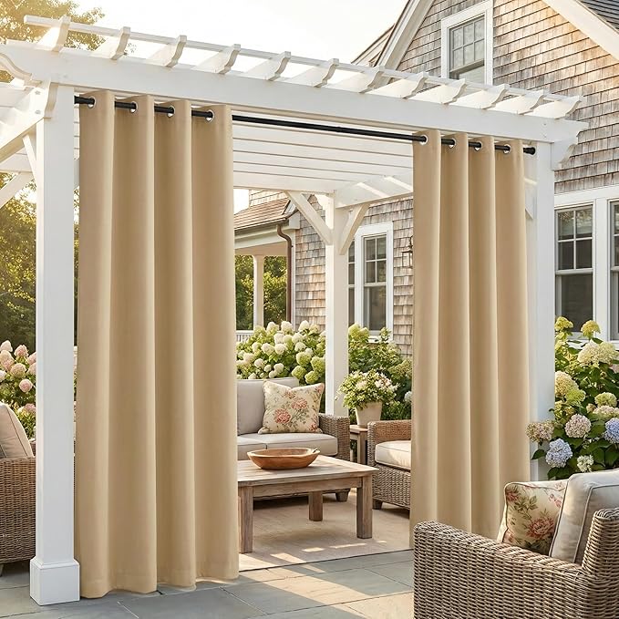 NICETOWN Outdoor Curtains for Patio Waterproof 84 inches Long 2 Panels Set, Weatherproof Thermal Insulated Privacy Protection Curtains for Porch/Gazebo/Hallway, Biscotti Beige, W52 x L84 Inch NICETOWN