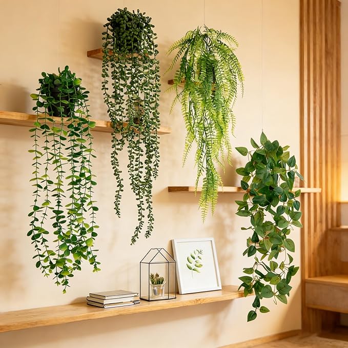 4 Pack Artificial Plants Wall Hanging Fake Plants Indoor for Shelf Boho Faux Eucalyptus Ivy Vine House Plants for Living Room Wall Backdrop Outdoor Decor LumBelle