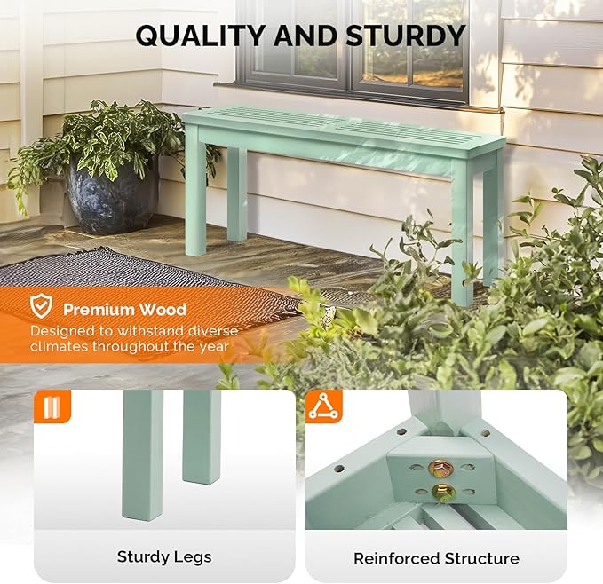 VINGLI Outdoor Wooden Bench, 40” Porch Bench Outdoor Backless Garden Bench, Small Outdoor Bench for Deck Patio Entryway (Mint Green, 40in) VINGLI