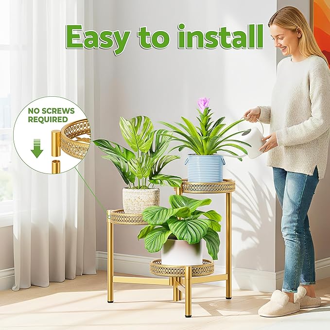 Metal Plant Stand Indoor Outdoor, 3 Tier Corner Tall Plant Shelf for Multiple Plants, Tiered Plant Stand, Heavy Duty Flower Holder, Folding Tall Rack for Garden Patio Balcony - GoldWave Rootora