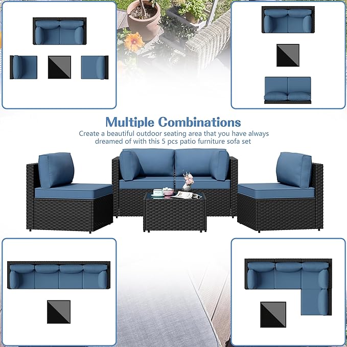 Shintenchi 5 Pieces Outdoor Patio Sectional Sofa Couch, PE Wicker Furniture Sets, Patio Conversation Sets with Washable Cushions Glass Coffee Table for Garden, Poolside, Backyard, Aegean Blue Shintenchi