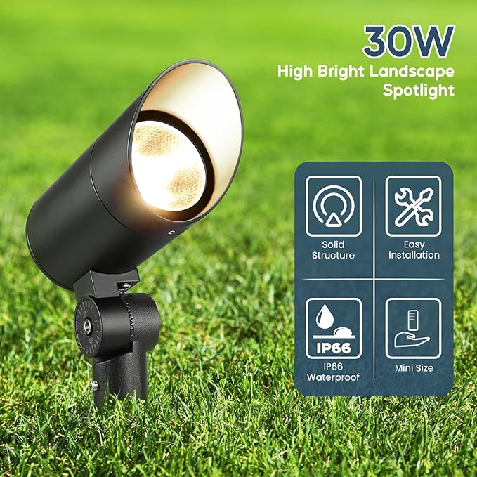 30W Spot Lights Outdoor LED Spotlight 120V 3000LM Ultra Bright Flag Pole Light with Metal Stake and Metal Base Warm White Landscape Lights for Flag Tree Garden House 5FT Cord with Plug (2) Rootora