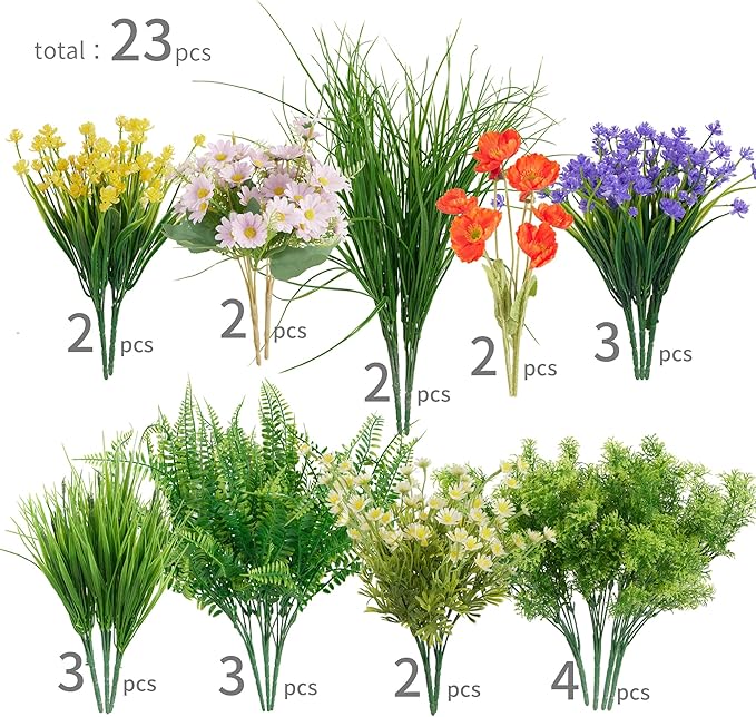 23Pcs Outdoor Artificial Boxwood UV Resistant Fake Stems Plants, Faux Plastic Greenery for Indoor Outside Hanging Plants Garden Porch Window Box Home Wedding Farmhouse Décor Clycaloor