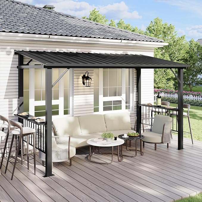Aoxun 12x6 FT Hardtop Grill Gazebo with 2 Side Shelves & Hooks for Outdoor Grill, Outdoor BBQ Gazebo Canopy with Sloping Steel Roof, Permanent Metal Gazebo for Patio, Backyard, Lawn, Deck Aoxun