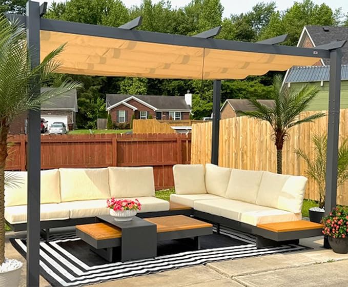 PURPLE LEAF 10' x 13' Aluminum Outdoor Pergola Wind-Resistant Retractable Pergola with Double Sun Shade Canopy Heavy-Duty Metal Pergola for Patios Backyard Deck Garden, Khaki Rootora