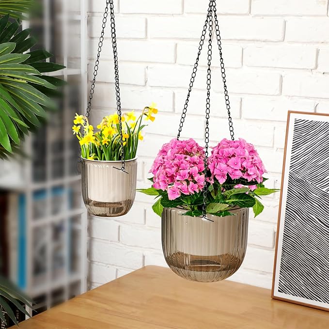Maxcheck 4 Pcs Self Watering Hanging Planters Indoor Gift 6.5'' 4.5'' Hanging Flower Pots Baskets Outdoor Self Watering Plant with 3hooks Drainage Holes for Home(Grey,Clear) Maxcheck