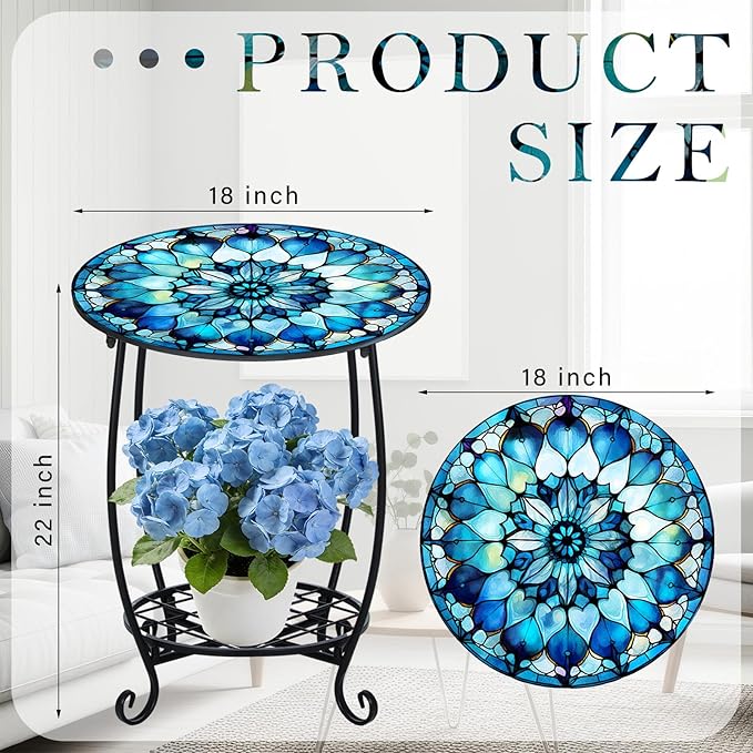 Outdoor Side Table Round Small Mosaic Patio Accent Indoor End Plant Coffee Tea Table for Yard Patio Porch Garden Living Room, Bedroom(Mandala Style,18 Inch) Cinnvoice