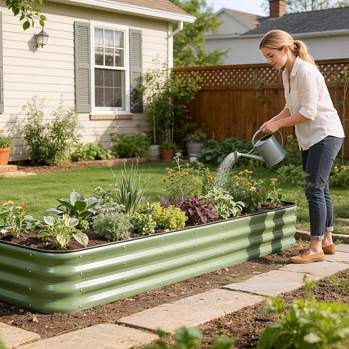 1MORE Raised Garden Bed -8X2X1 Galvanized Planter Box for Outdoor Gardening,5 in 1 Modular Raised Bed Kit with Protective Tape, Gloves for Herb,Ideal for Vegetables and Plants.Green-2pack 1MORE