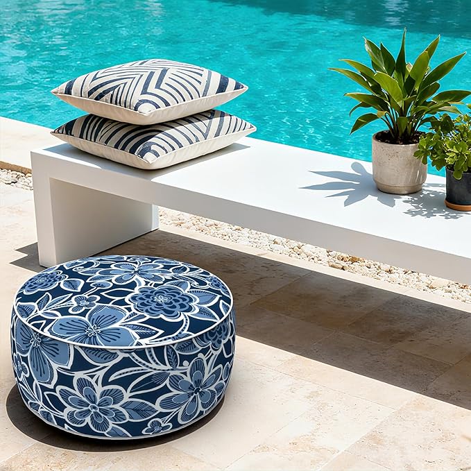 LVTXIII Indoor/Outdoor Inflatable Ottoman with Handle D21 x H9 Inch, Weather-Resistant Round Footstool Pouf for Patio Camping Living Room, Portable Footrest Extra Seating, Flower Navy LVTXIII