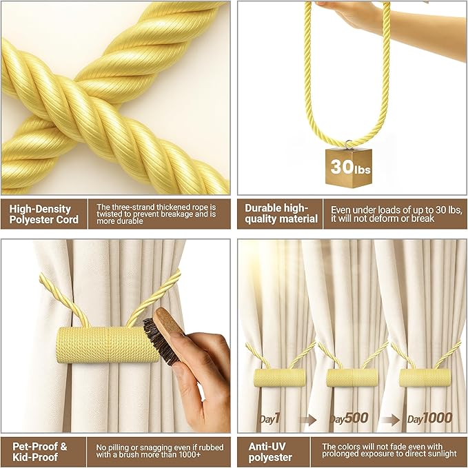 Hion Magnetic Curtain Tiebacks Golden 4 Pack, Curtain Tiebacks Buckles Holdbacks Holders Hooks Clip for Home Bedroom Office Decorative Thick or Thin Curtain Hion