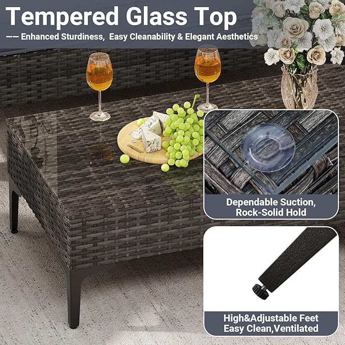 Jing's Villa 2-Piece Outdoor Sectional Set, All-Weather Wicker Patio Furniture with Loveseat & Tempered Glass Table, Comfortable Garden Conversation Set for Backyard, Poolside, Deck,Grey JingsVillaOutdoorFurniture