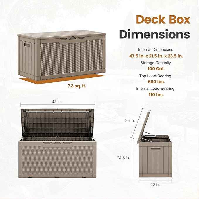 Greesum 100 Gallon Resin Patio Storage Box for Garden Tools, Outdoor Furniture Cushions, Pool Supplies, Coffee
