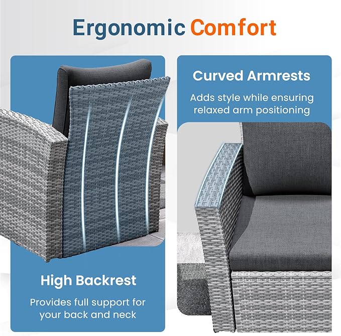 Wisteria Lane 5 Piece Patio Furniture Set, Wicker Outdoor Patio Conversation Furniture Set, All Weather Outdoor Patio Sofa with Cushion and Glass Table, Dark Grey WisteriaLane
