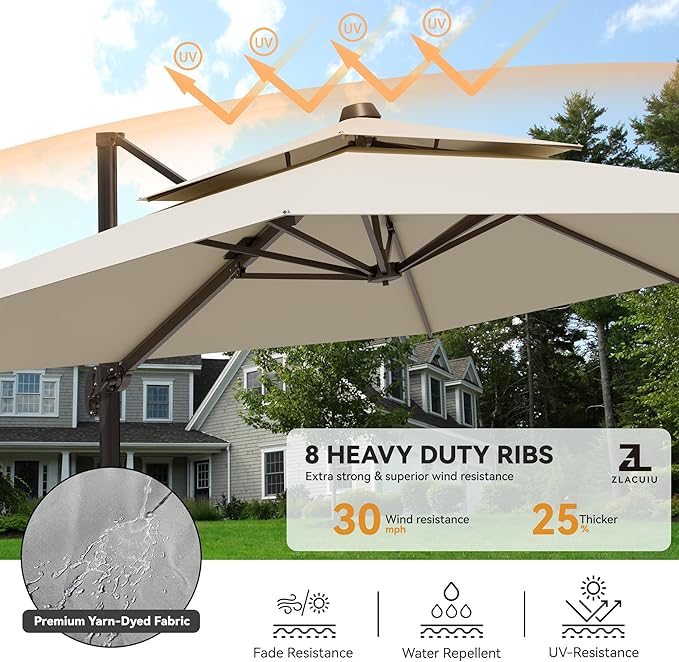 9x12FT Cantilever Patio Umbrella - Heavy Duty Double Layer Offset Design with 360° Rotation, Large Rectangle Sun Shade Umbrella for Garden, Deck, Pool, Backyard, Beige ZLACUIU