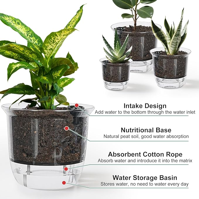 Plant Pots 6/5/4 inch Set of 3, Self Watering Pots for Indoor Outdoor Plants Flowers, Self Watering Planters with Reservoir, Drainage Hole and Absorbent Cotton Rope IWNTWY