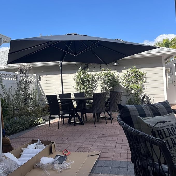 PURPLE LEAF Patio Umbrella with Base 10 Feet Outdoor Cantilever Square Umbrella Aluminum Offset Umbrella with 360-degree Rotation for Garden Deck Pool Patio, Grey PURPLELEAF
