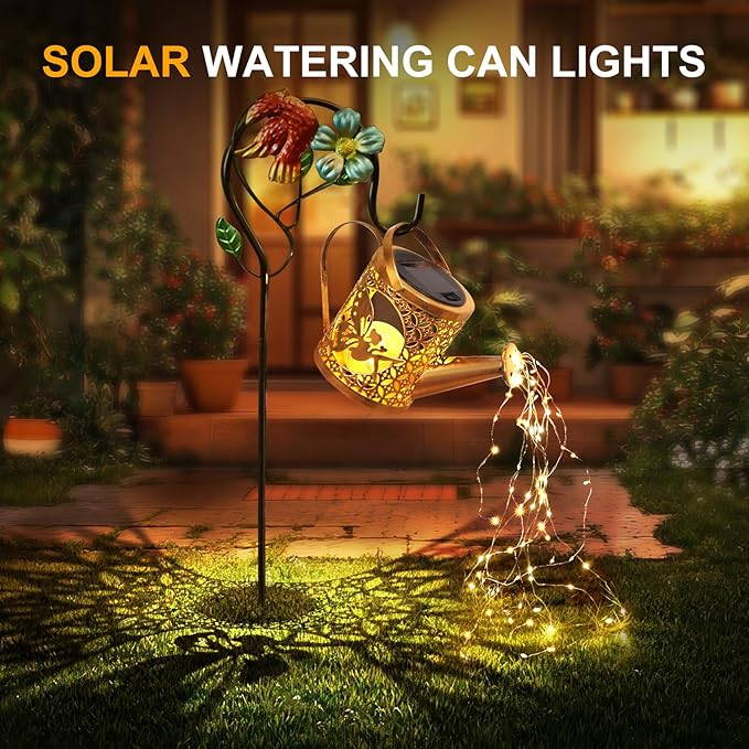 Solar Lights Outdoor Garden Decor Solar Watering Can with Crackle Glass Lights Waterproof Metal Hanging Fairy Lantern for Patio Lawn Yard Outside Decorations- Unique Gift Ideas for Gardening QOCNAM
