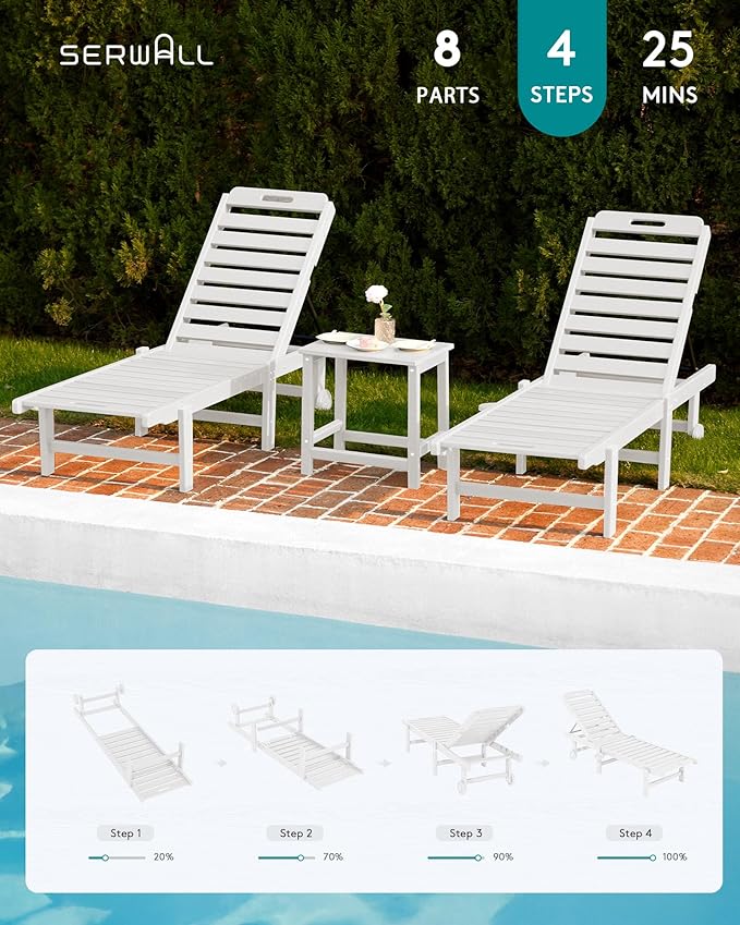 SERWALL Outdoor Chaise Lounge Set of 2 with 9FT Patio Umbrella, HDPE Pool Lounge Chair with 5-Position Adjustable Backrest, Patio Lounger with Rolling Wheels & Cup Holder for Pool, White SERWALL