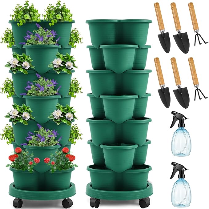 Umigy 2 Set Dark Green 7 Tier Stackable Vertical Planters with Removable Wheels and Tools Tower Planters Strawberry Herb Flower Vegetable Pots Indoor Outdoor Gardening Pots Umigy