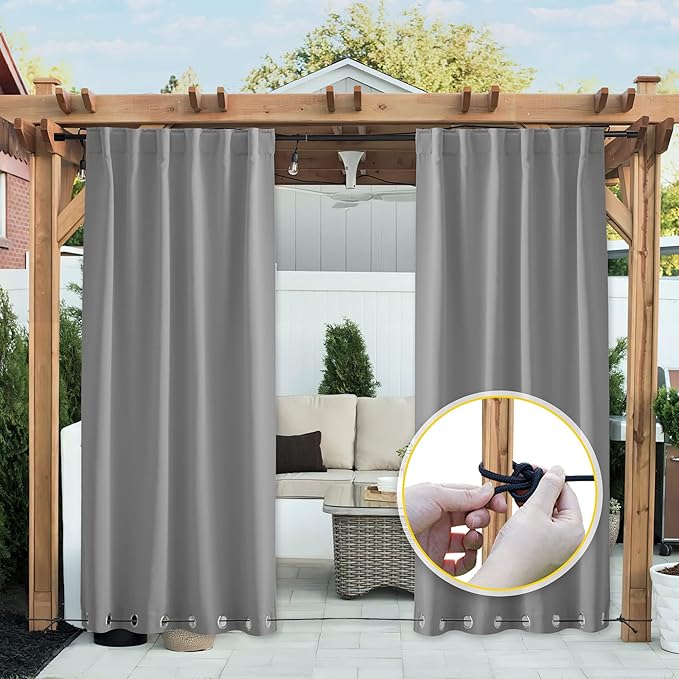 NICETOWN 2 Panels Waterproof Outdoor Curtains Fixed Grommet & Back Tab on Top & Bottom, Thermal Insulated Keep Rain & Sun Out Blackout Windpoorf Outdoor Draperies with Rope, W52 by L84, Silver Grey NICETOWN