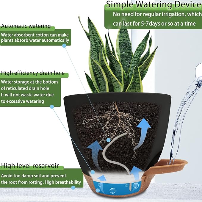 Self Watering Planters with Drainage Holes Reservoir,Nursery Planting Pot for Indoor Decor Garden Plants Succulents,Snake Plant, African Violet,Plastic Flower Pots Set 7+6.5+6+5.5+5 Inch (Black) STSTECH