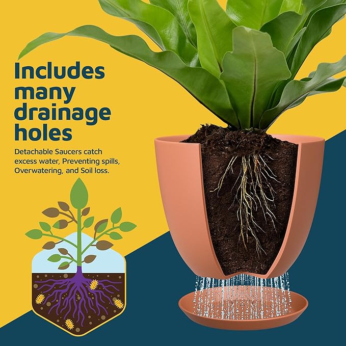 Terracotta Plant Pots with Drainage Holes & Saucers 3 Pack, Indoor & Outdoor Stackable Space-Saving Planters for Houseplants & Flowers, (7", 6.7", and 6" Inches), Durable & Weatherproof Materials LIFEMASTER