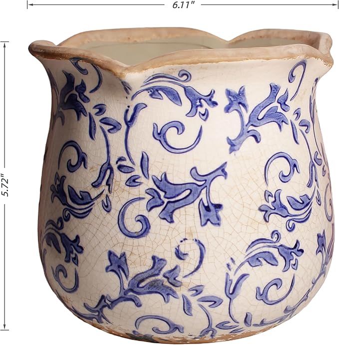 Retro Distressed Ceramic Flower Pots, Antique Crackle Glaze Planters with Drainage for Indoor Plants, Blue and White Chinoiserie Pottery Vase for Living Room Balcony Office Decor, Gardening Gifts XiaanJiaju