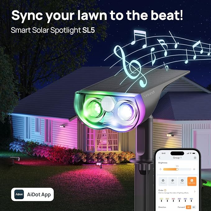 Linkind Smart Solar Lights Outdoor SL5 with Motion Sensor, APP Control Color Changing Solar Spot Lights Outdoor, St. Patrick's Day Decorations, IP65 Landscape Lighting for Yard, Garden, Path(6 Pack) Linkind