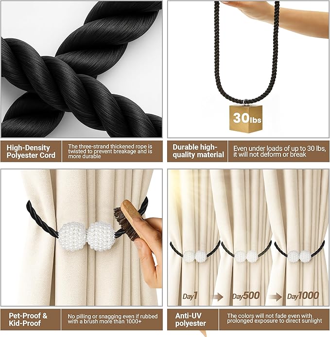 Hion Magnetic Curtain Tiebacks Black 6 Pack, Curtain Tiebacks Buckles Holdbacks Holders Hooks Clip for Home Bedroom Office Decorative Thick or Thin Curtain Hion