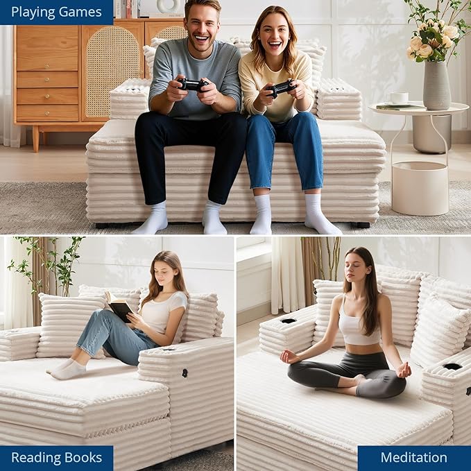 GarveeHome 60-inchOversized Chaise Lounge Chair Indoor, Comfy Corduroy Lounge Sofa with Charging Station, Cup Holders & Throw Pillows, Cozy Sleeper Couch for Living Room Apartments, Beige GarveeHome